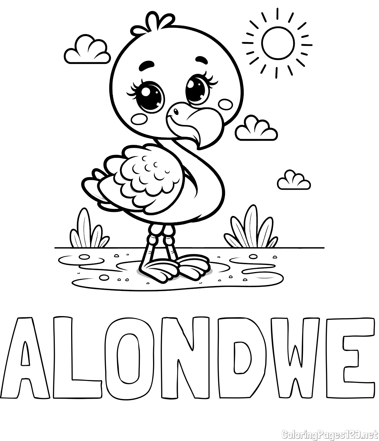 ALONDWE Coloring Page and Easy Coloring Page of a Cute Flamingo