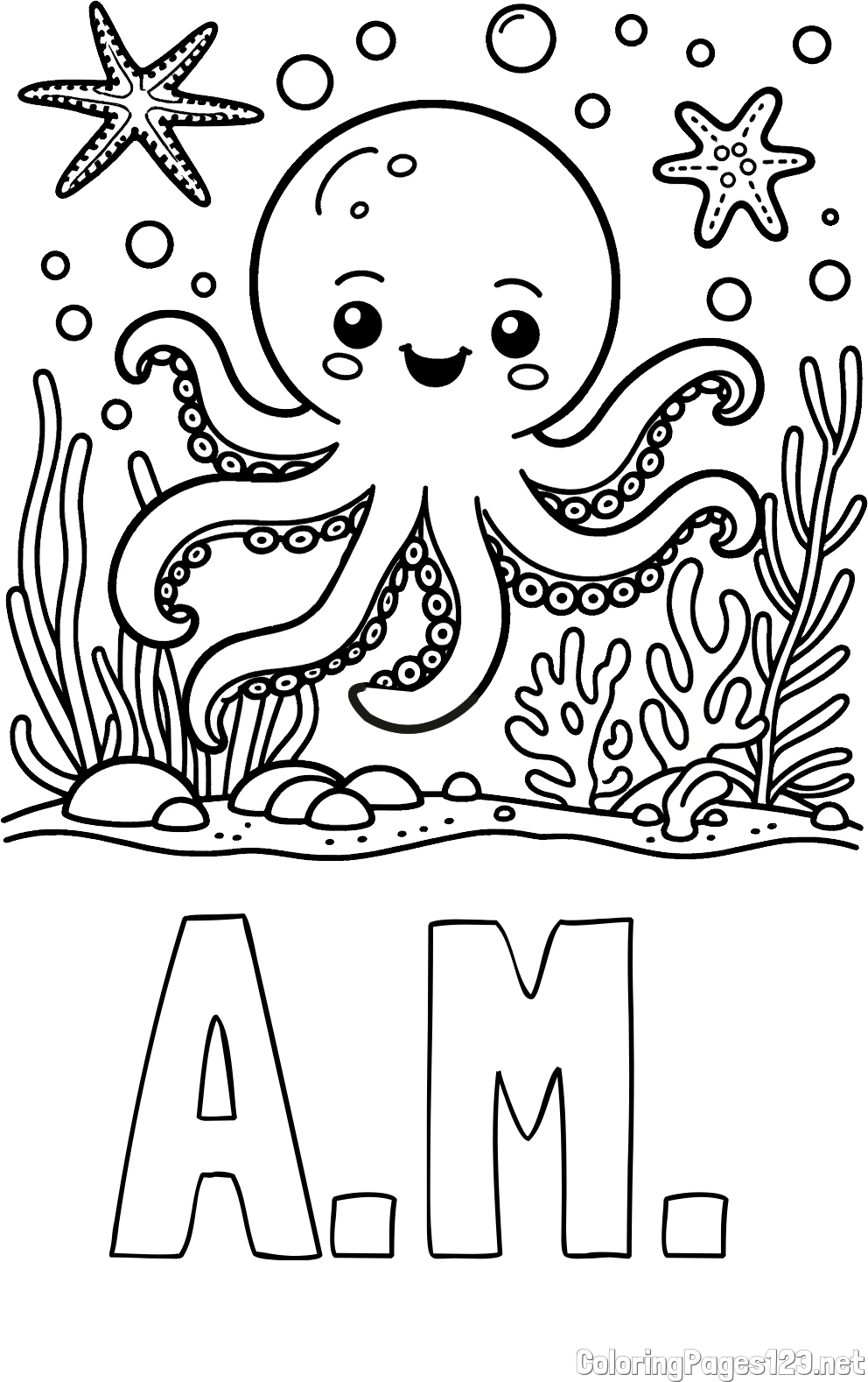 A.M. Coloring Page and Coloring Page of a Cute Octopus in the Ocean