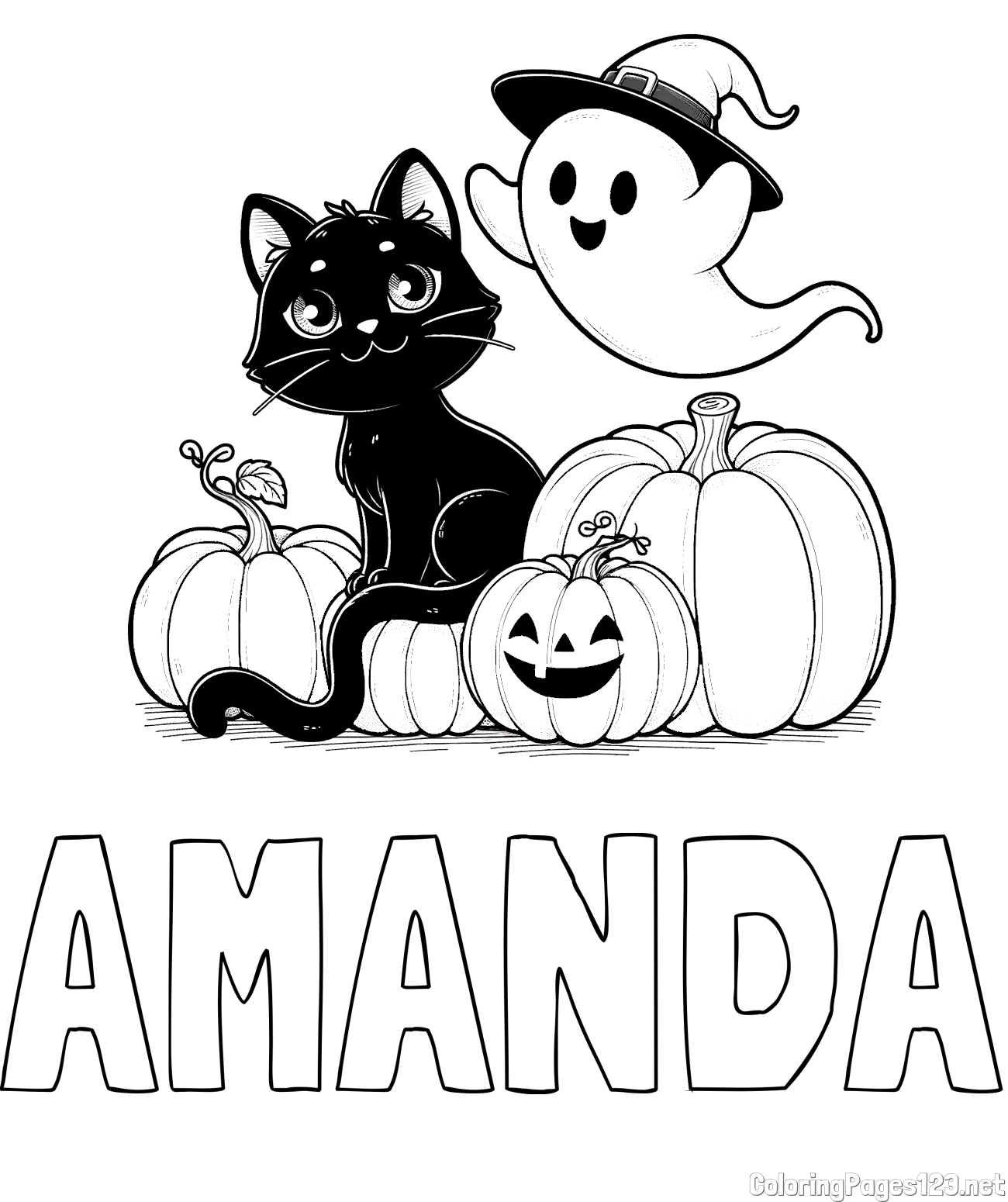 AMANDA Coloring Page and Halloween Pumpkin Coloring Page for Kids - Happy Cat, Ghost, and Pumpkins