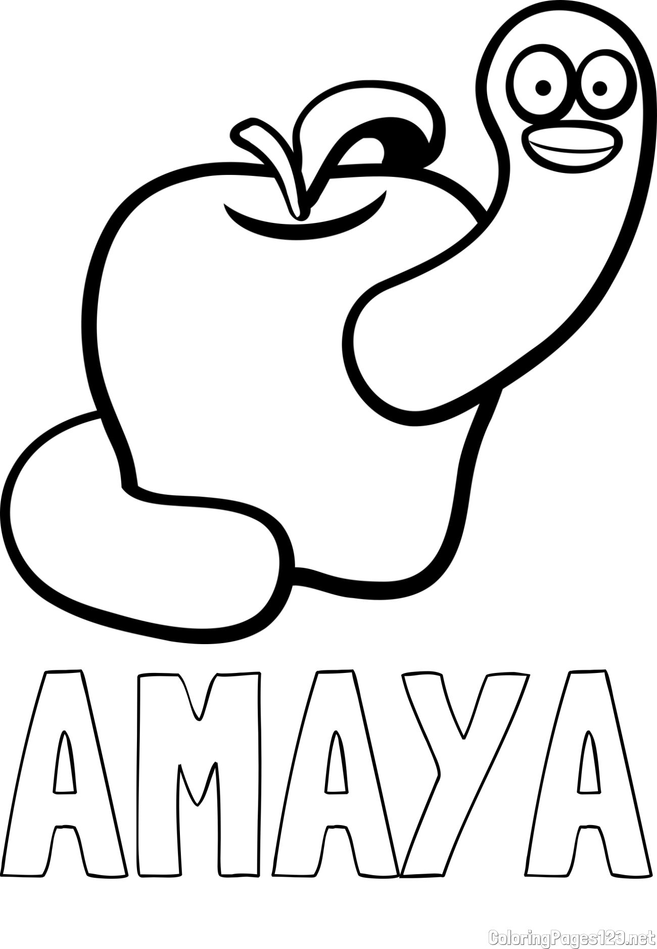 AMAYA Coloring Page and Apple and Smiling Worm Coloring Page
