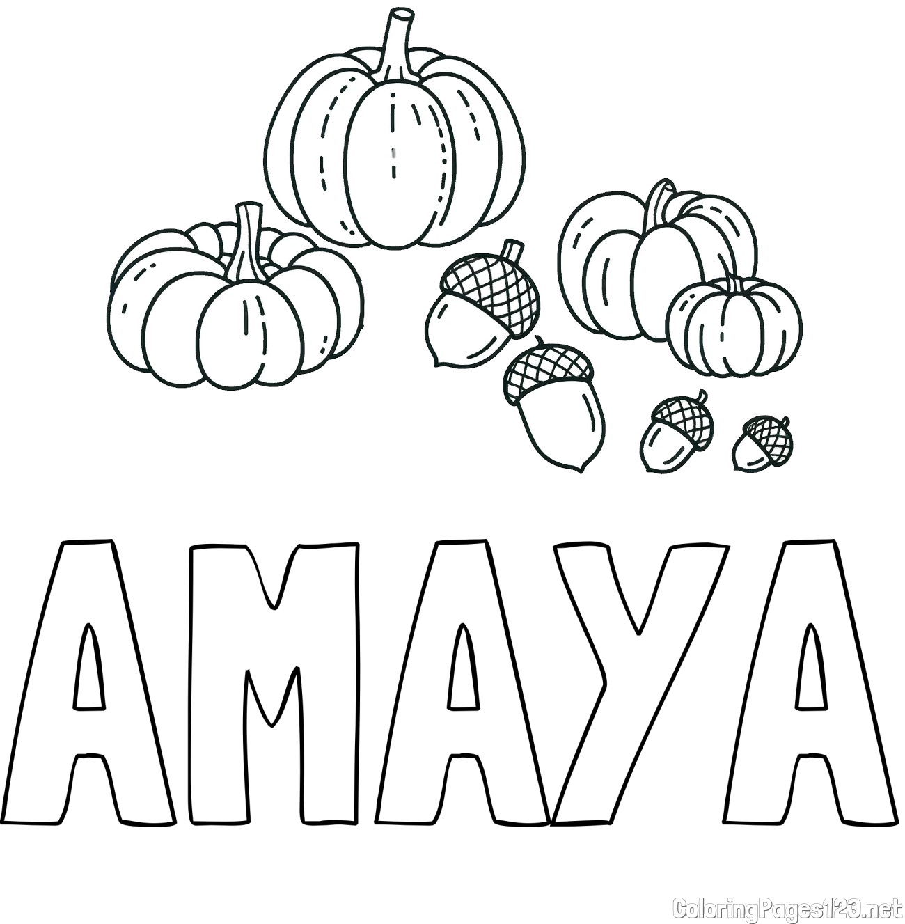 AMAYA Coloring Page and Autumn Harvest Coloring Page - Acorns and Pumpkins