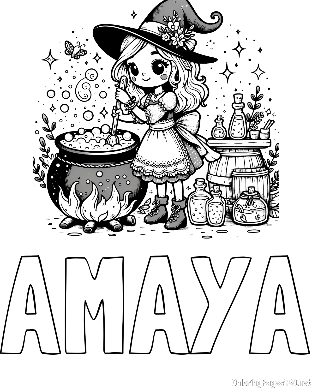 AMAYA Coloring Page and Coloring Page of a Cute Witch Preparing a Magic Potion
