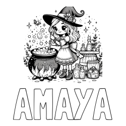Online Created Coloring Page - AMAYA Coloring Page and Coloring Page of a Cute Witch Preparing a Magic Potion