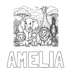 AMELIA Coloring Page and Beautiful Animal Coloring Page - Lion Family, Elephant, Giraffe, and Zebra