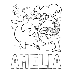 Online Created Coloring Page - AMELIA Coloring Page and Coloring Page of a Mermaid Playing with Dolphins