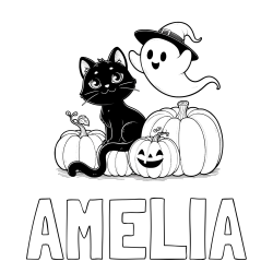 Online Created Coloring Page - AMELIA Coloring Page and Halloween Pumpkin Coloring Page for Kids - Happy Cat, Ghost, and Pumpkins