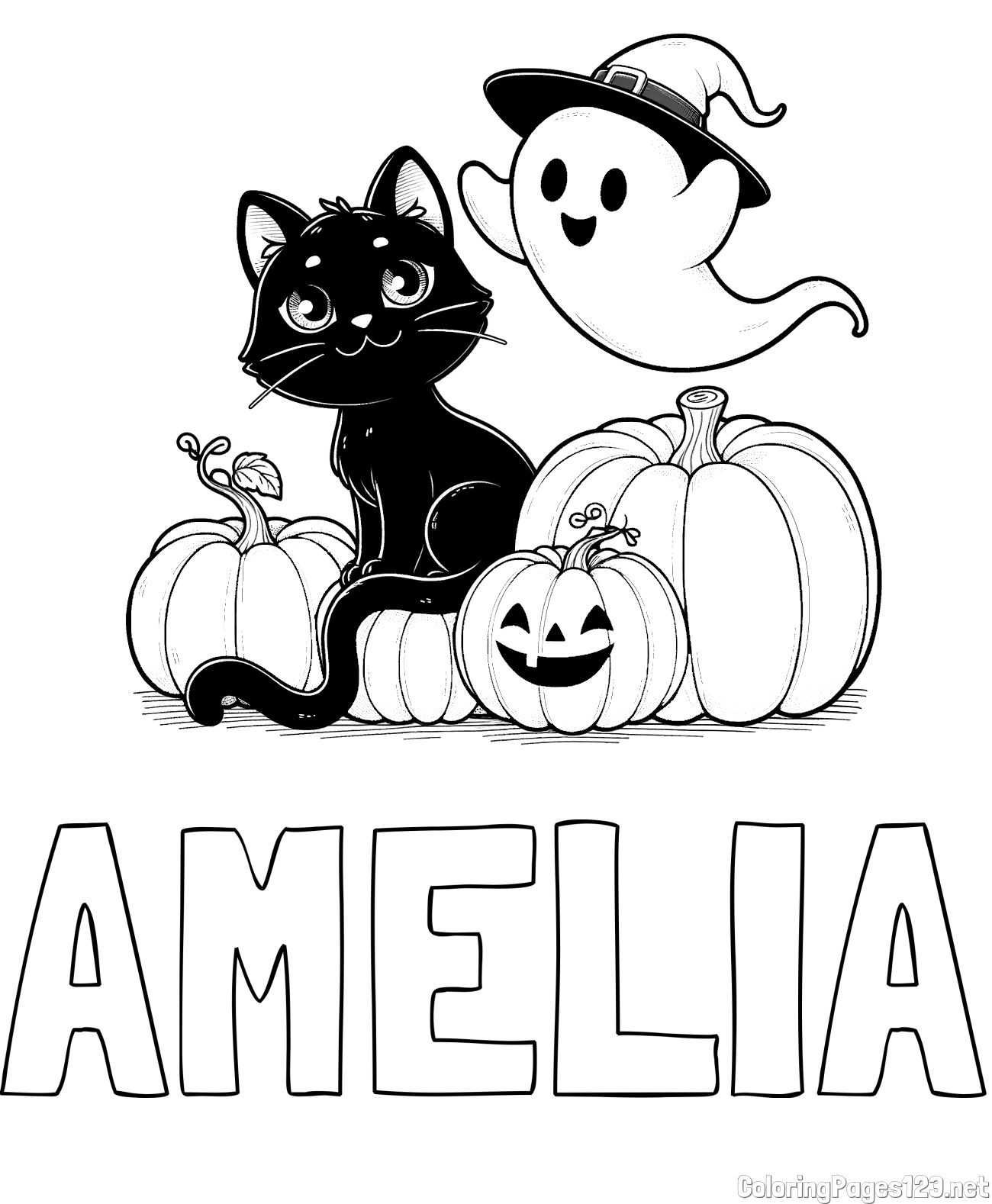 AMELIA Coloring Page and Halloween Pumpkin Coloring Page for Kids - Happy Cat, Ghost, and Pumpkins