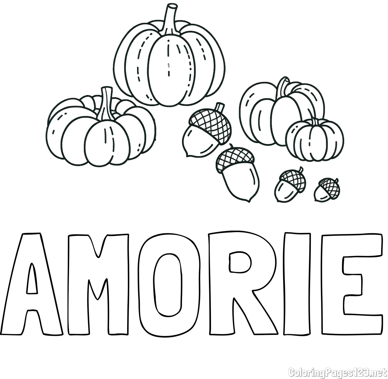 AMORIE Coloring Page and Autumn Harvest Coloring Page - Acorns and Pumpkins