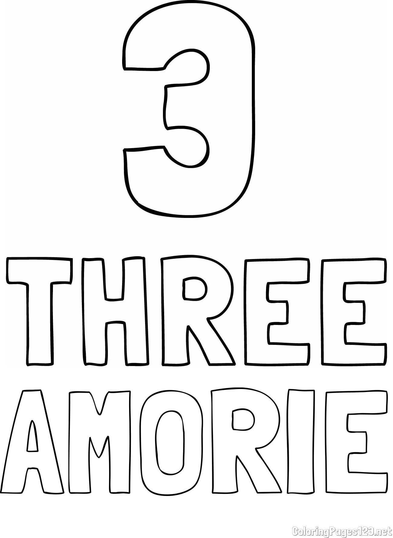 AMORIE Coloring Page and Coloring of the Number Three (3) with the Written Name