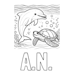 Online Created Coloring Page - A.N. Coloring Page and Coloring Book of a Cute Dolphin and Its Turtle Friend"