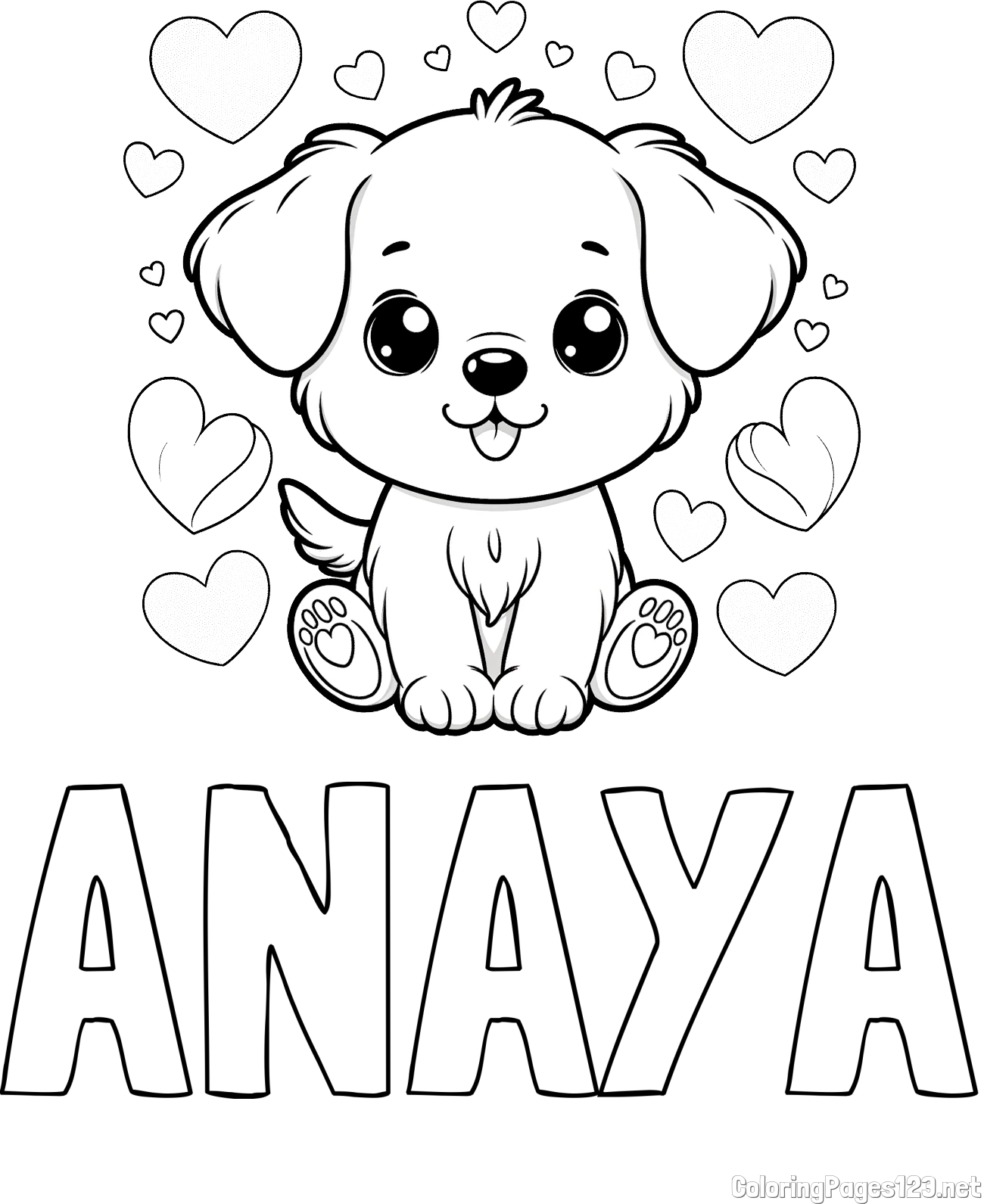 ANAYA Coloring Page and Coloring Page of a Cute Dog and Hearts