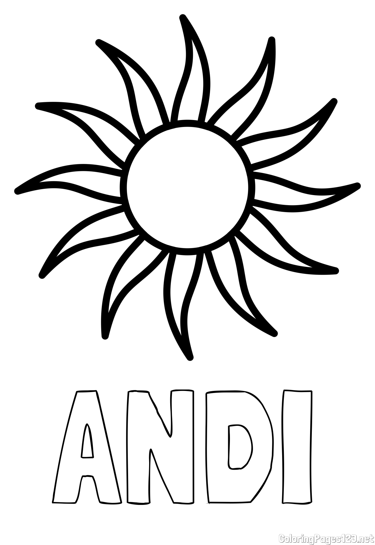 ANDI Coloring Page and Simple Sun Coloring Page for Kids