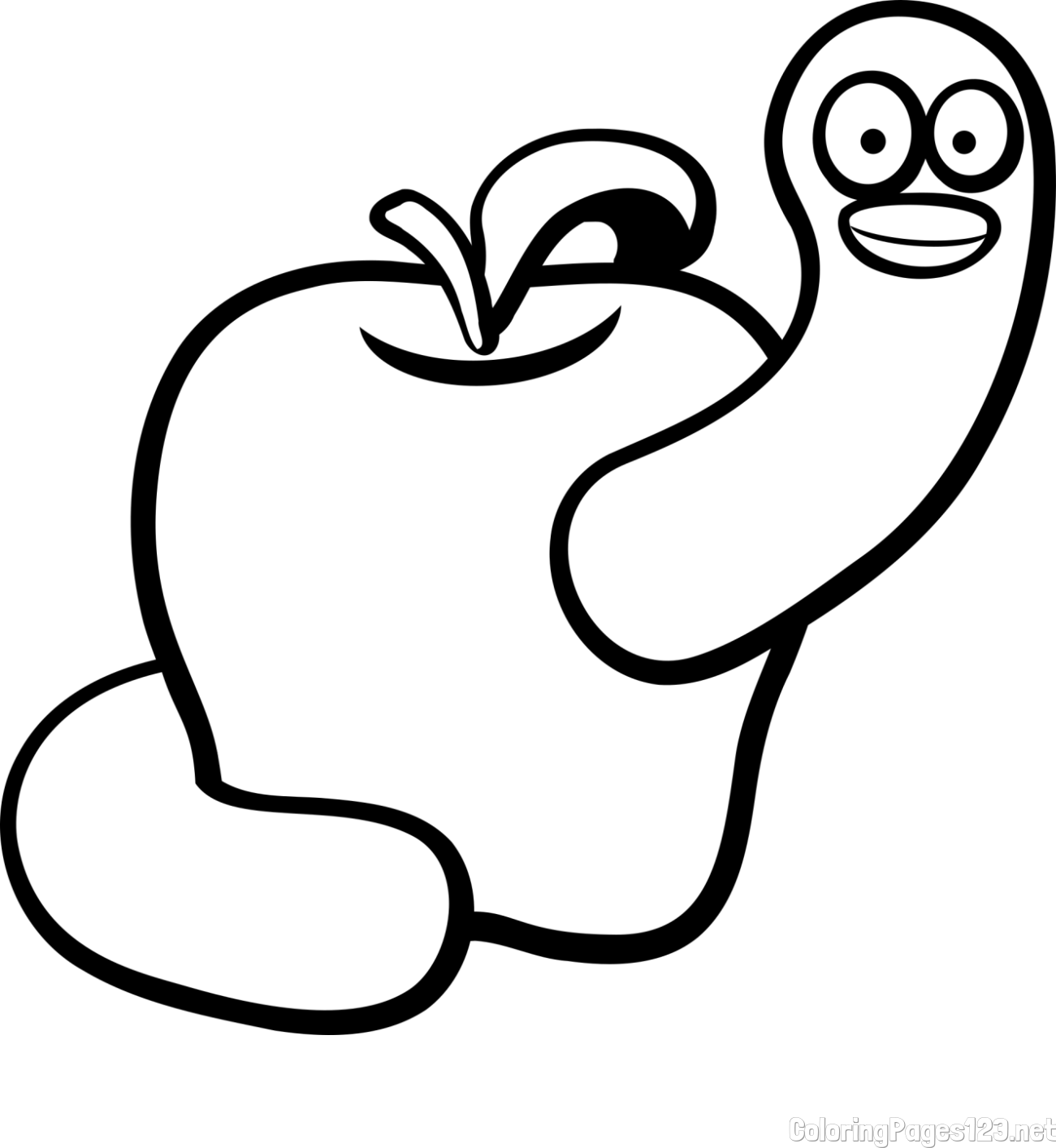Apple and Smiling Worm Coloring Page
