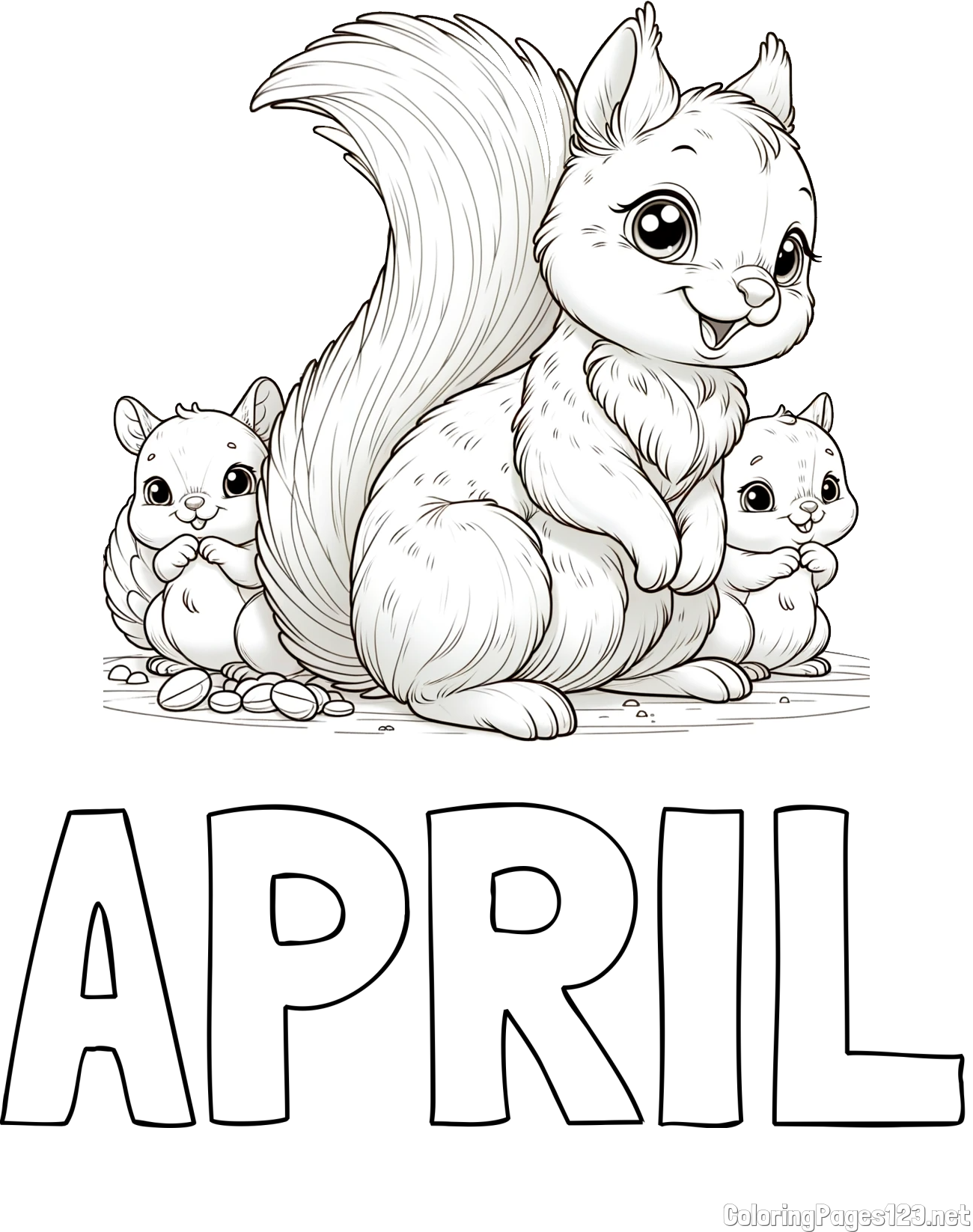 APRIL Coloring Page and Free Printable Coloring Page of a Squirrel and Pups