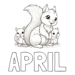 Online Created Coloring Page - APRIL Coloring Page and Free Printable Coloring Page of a Squirrel and Pups