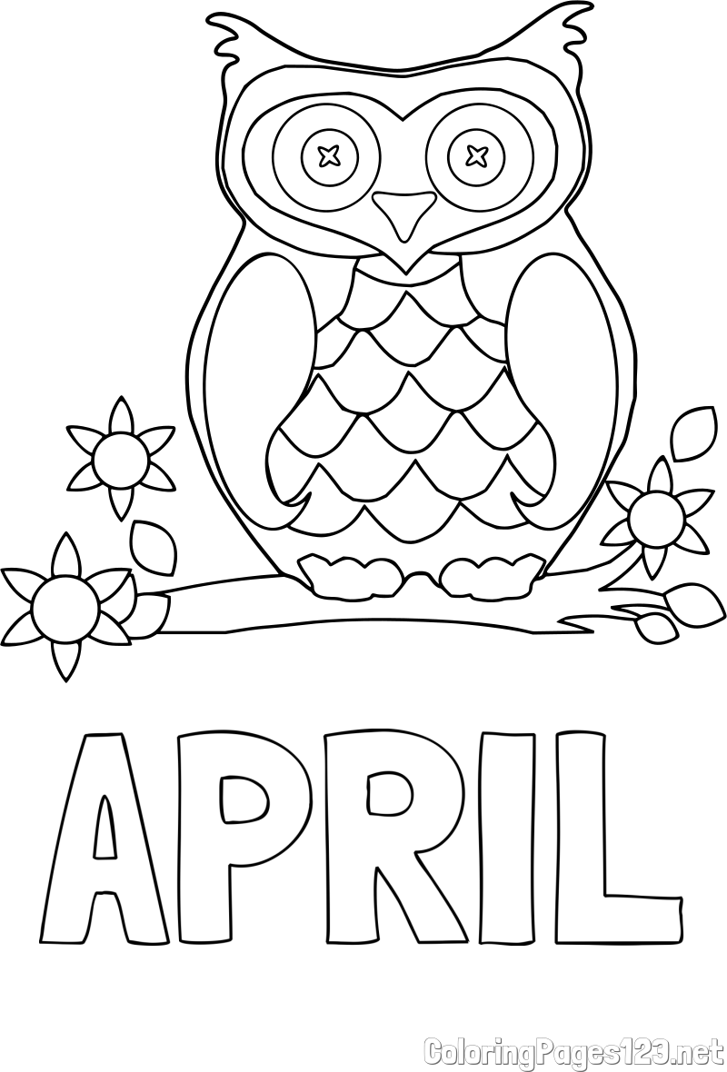 APRIL Coloring Page and Owl on a Branch Coloring Page
