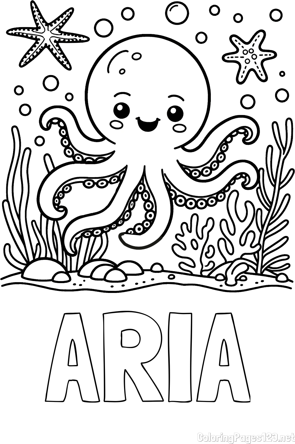 ARIA Coloring Page alongside Coloring Page of a Cute Octopus in the Ocean