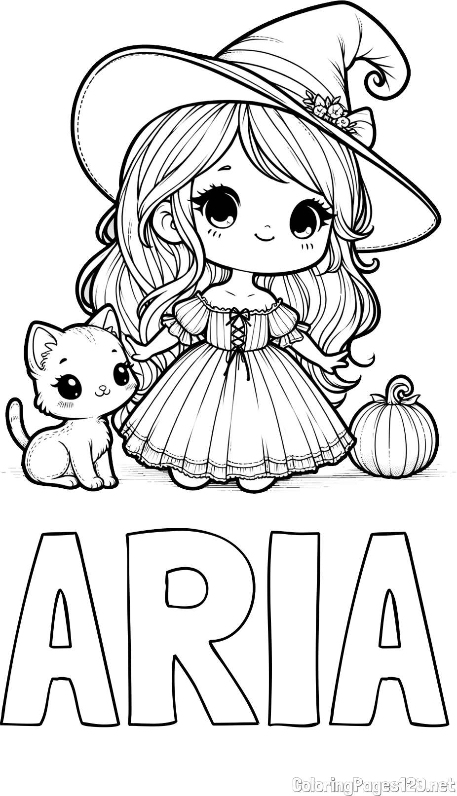ARIA Coloring Page and Coloring Page of a Cute Witch and a Cat