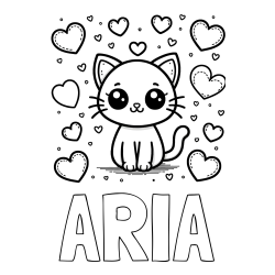 ARIA Coloring Page and Free Coloring Page of a Cat and Hearts