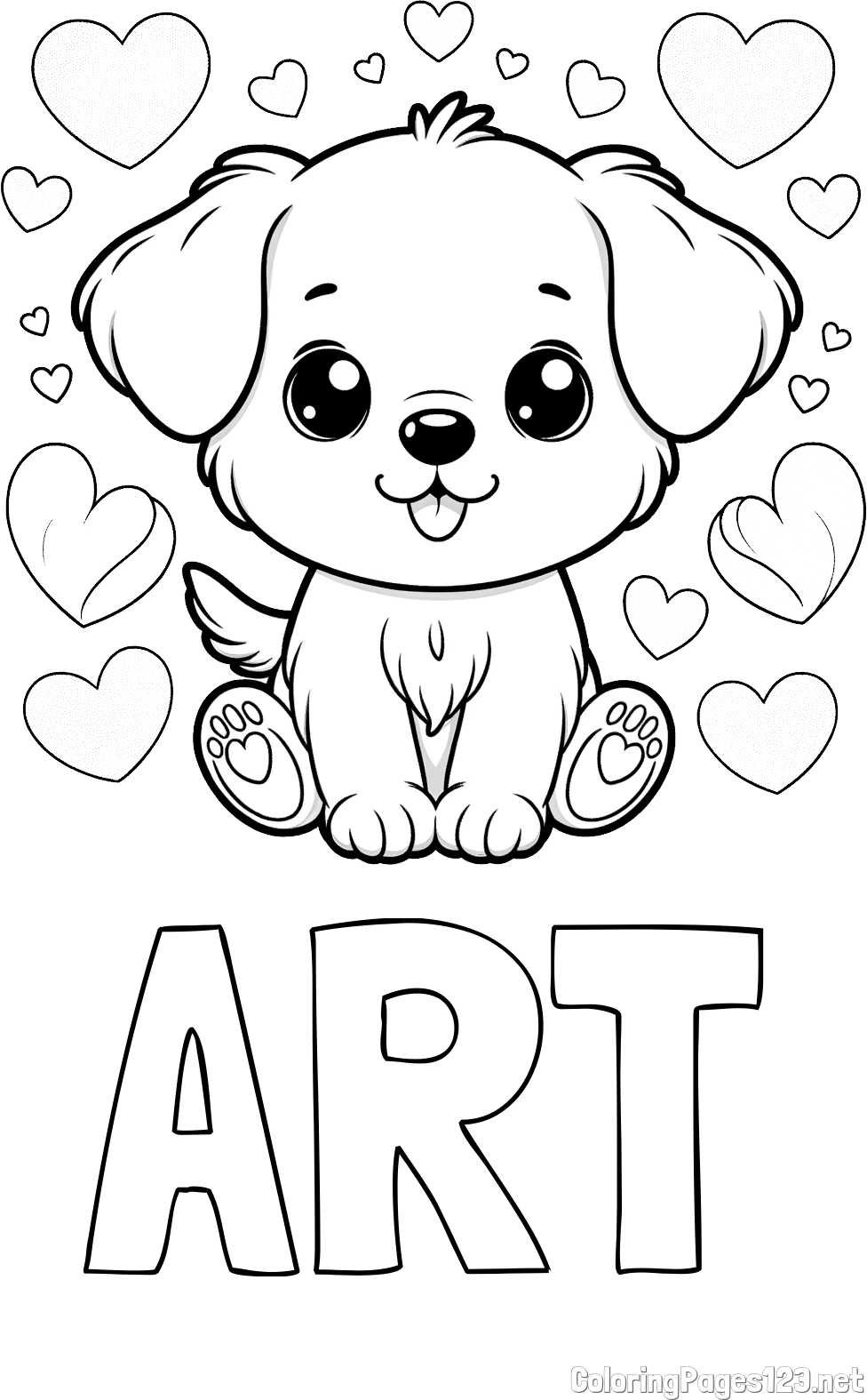 ART Coloring Page and Coloring Page of a Cute Dog and Hearts