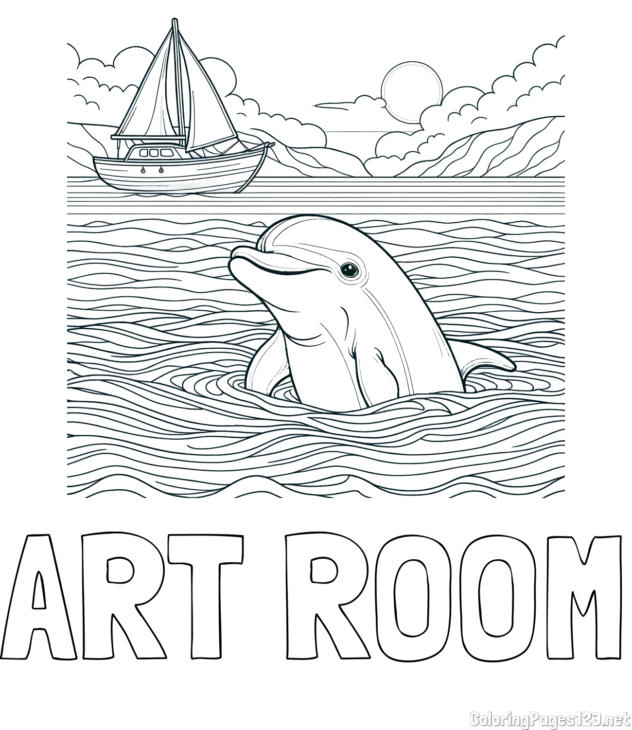 ART ROOM Coloring Page and Coloring Page of a Dolphin in the Sea and a Sailboat