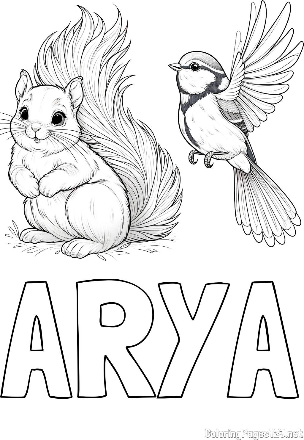 ARYA Coloring Page and Coloring Page of a Squirrel and a Bird