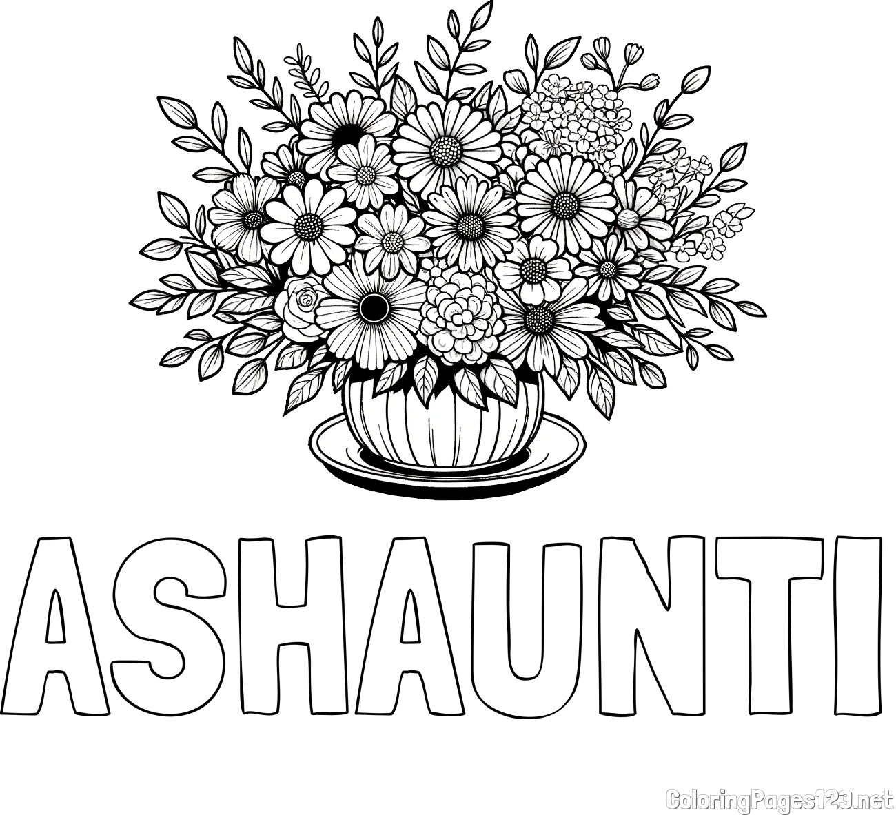 ASHAUNTI Coloring Page and Beautiful Bouquet of Flowers Coloring Page
