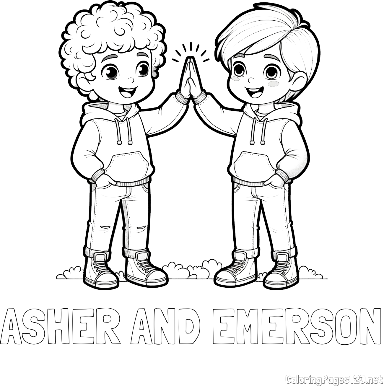 ASHER AND EMERSON Coloring Page and Coloring Page of Two Boys Giving High Five (Best Friends Forever)