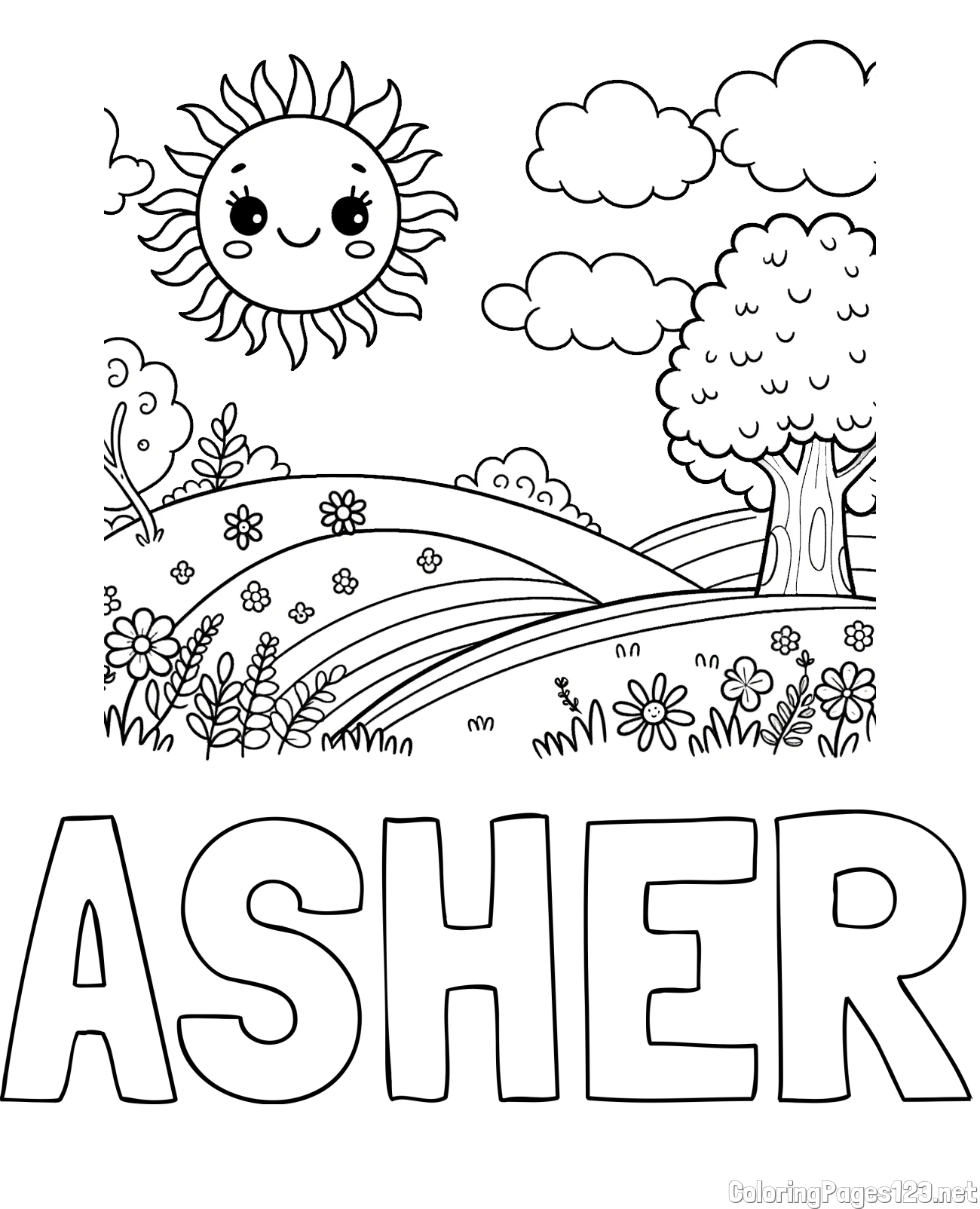 ASHER Coloring Page and Sunny Nature Coloring Page