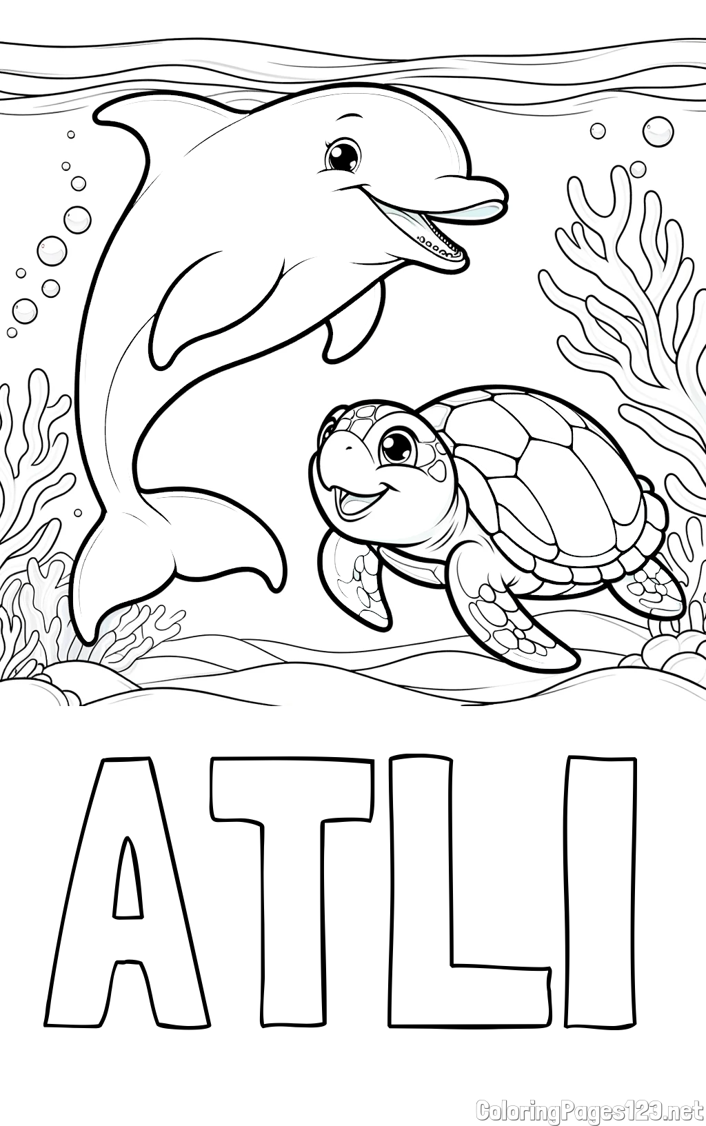 ATLI Coloring Page and Coloring Book of a Cute Dolphin with a Turtle in the Sea