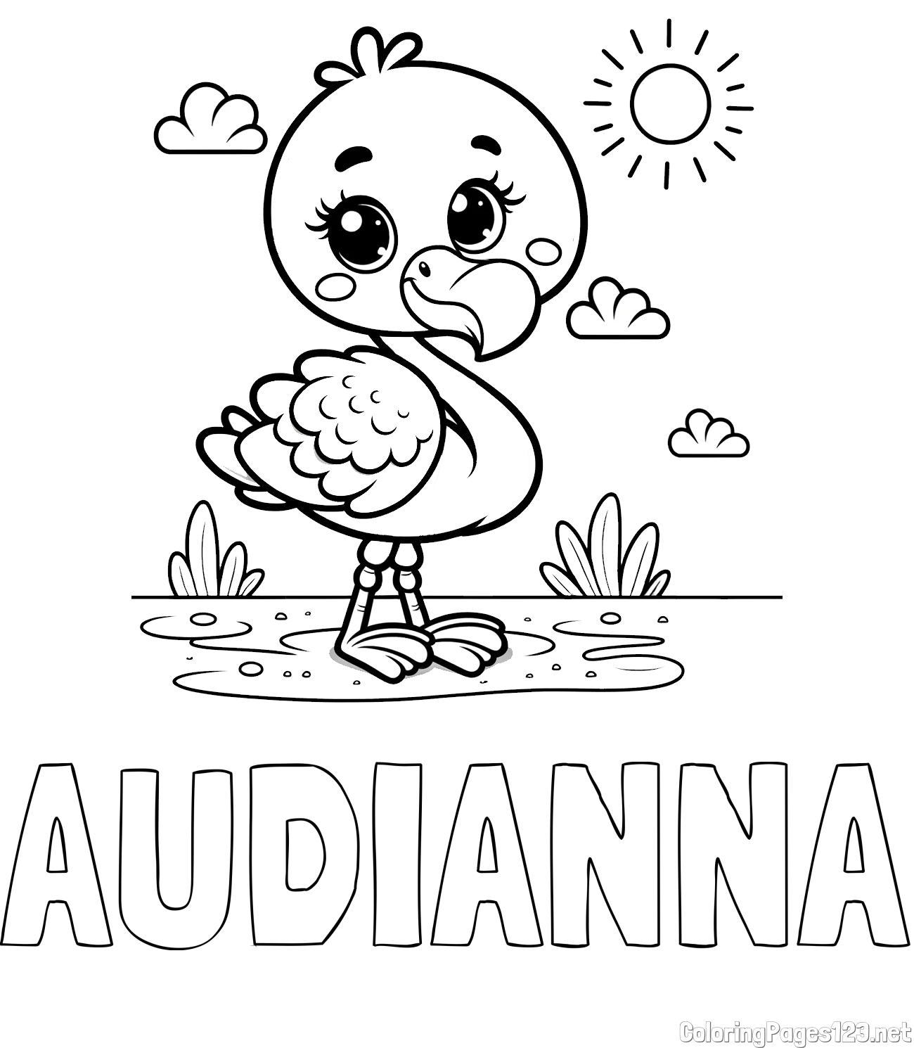 AUDIANNA Coloring Page and Easy Coloring Page of a Cute Flamingo