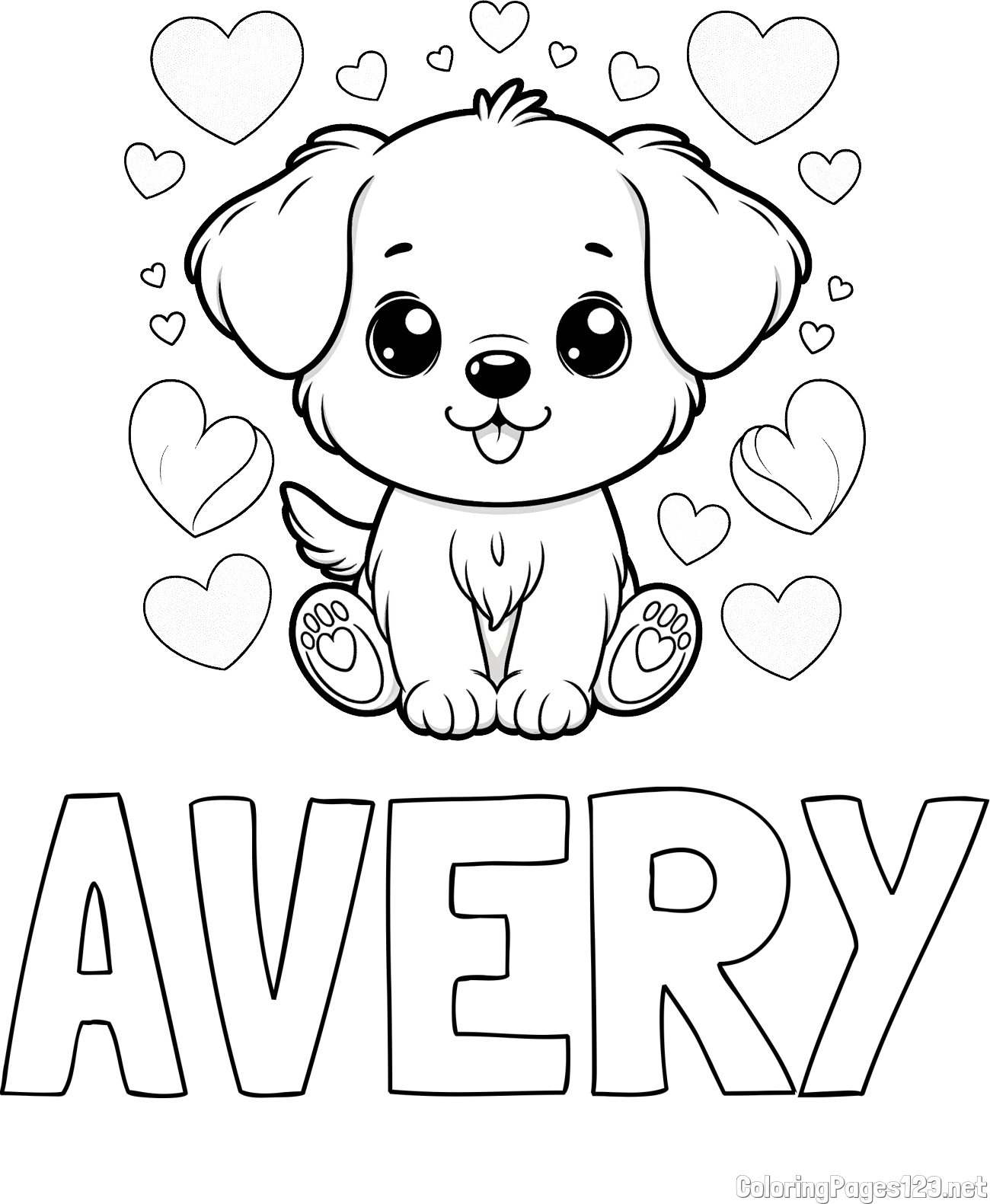 AVERY Coloring Page and Coloring Page of a Cute Dog and Hearts