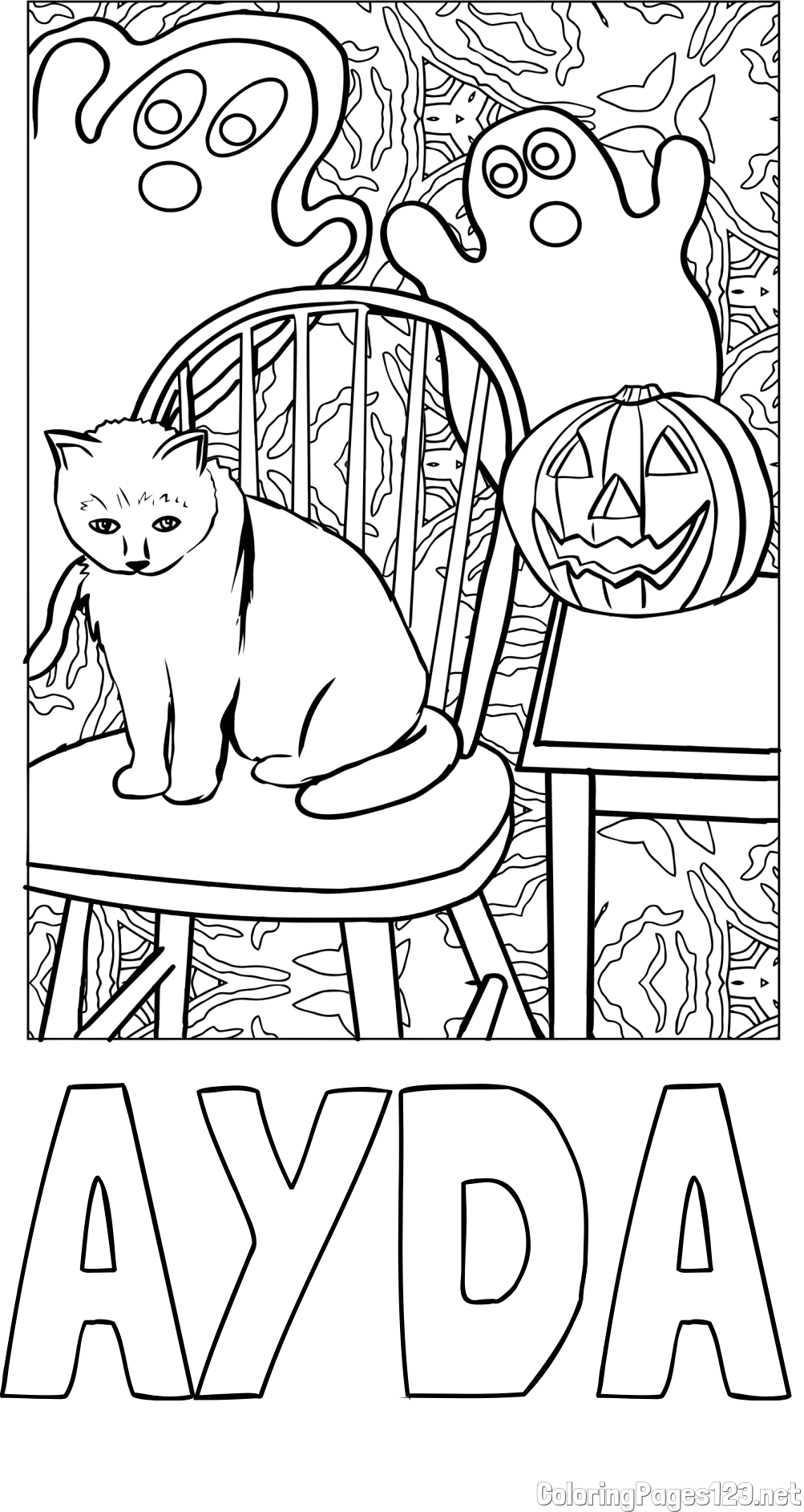 AYDA Coloring Page and Halloween Coloring Page of a Cat with Pumpkin and Spooky Ghosts