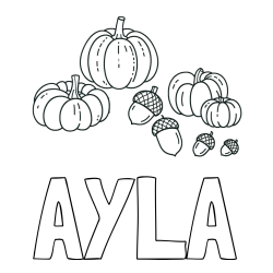 AYLA Coloring Page and Autumn Harvest Coloring Page - Acorns and Pumpkins