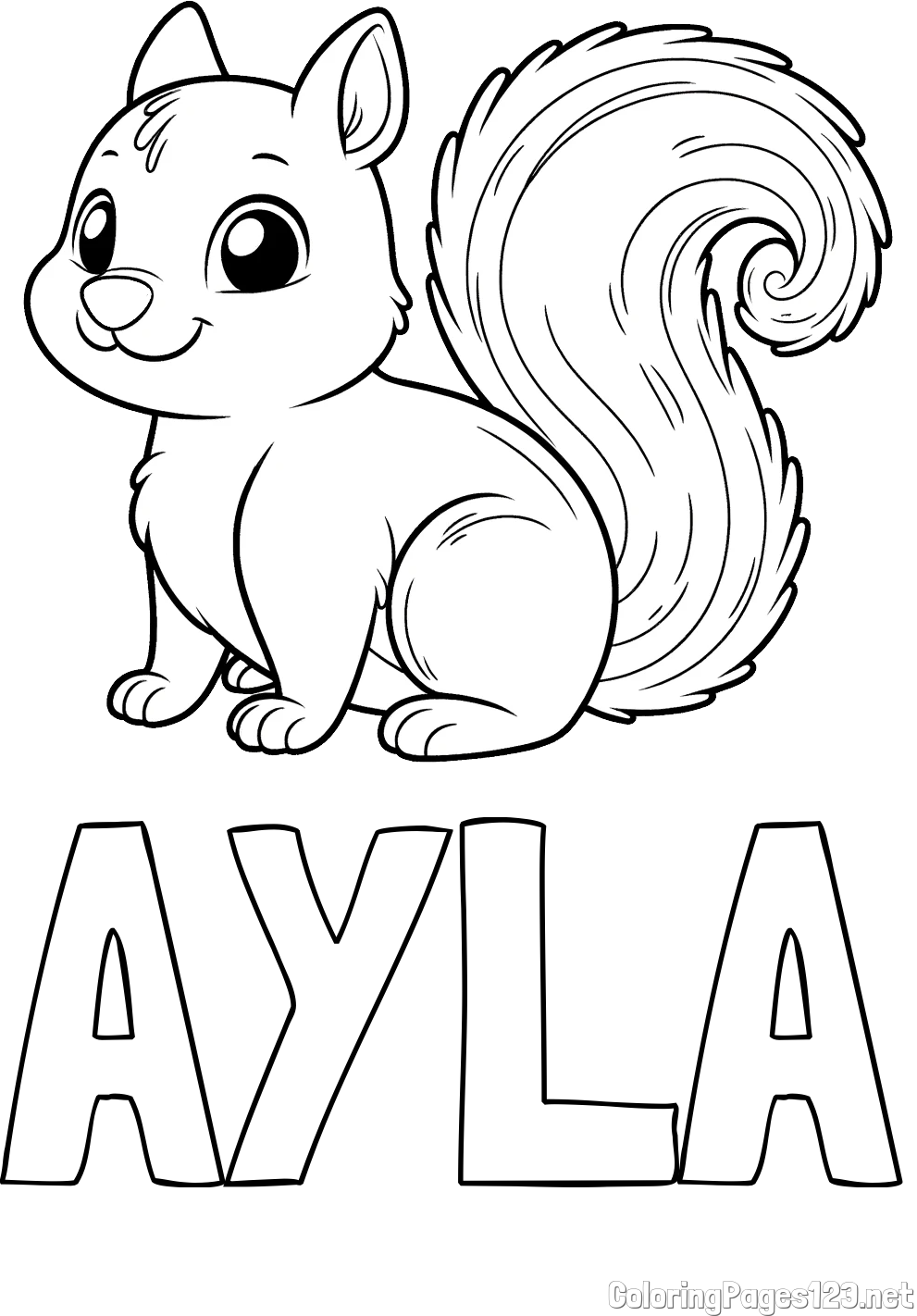 AYLA Coloring Page and Coloring Page of a Smiling Squirrel