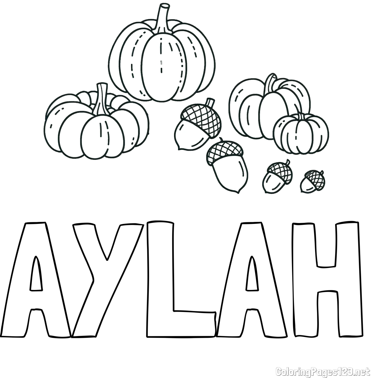 AYLAH Coloring Page and Autumn Harvest Coloring Page - Acorns and Pumpkins