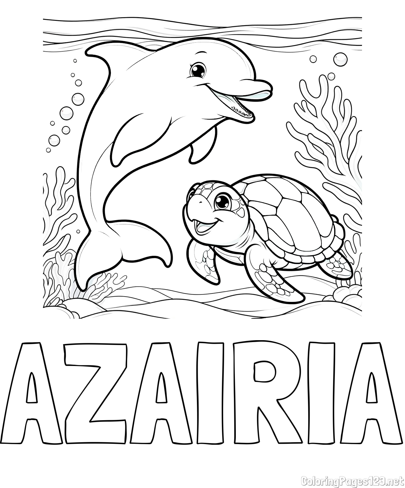 AZAIRIA Coloring Page and Coloring Book of a Cute Dolphin with a Turtle in the Sea