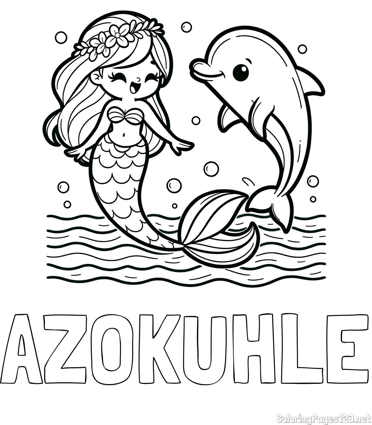 AZOKUHLE Coloring Page and Coloring Page of a Cute Mermaid Dancing with a Dolphin
