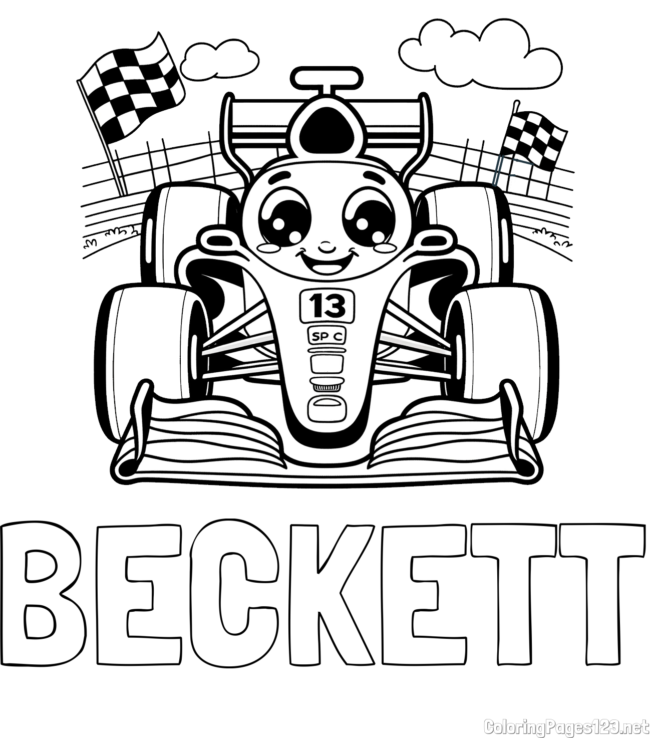 BECKETT Coloring Page and Children's Coloring Page of a Smiling Formula One Car