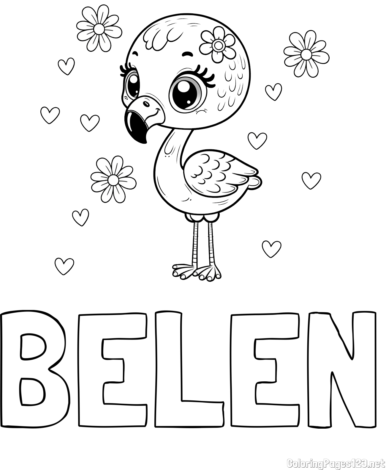BELEN Coloring Page and Coloring Page of a Cute Flamingo with Flowers