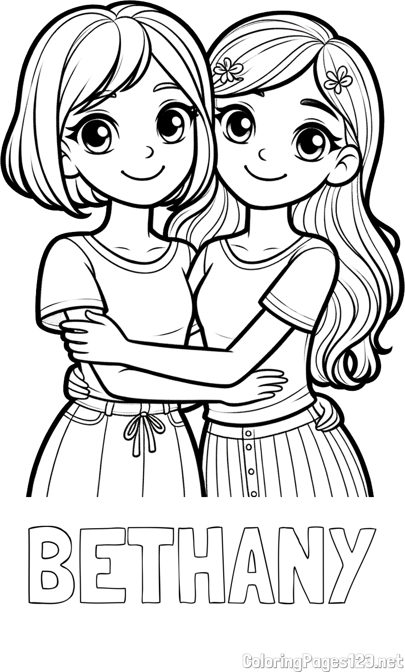 BETHANY Coloring Page and Coloring Page of Two Cute Girls Hugging Each Other (Best Friends Forever)