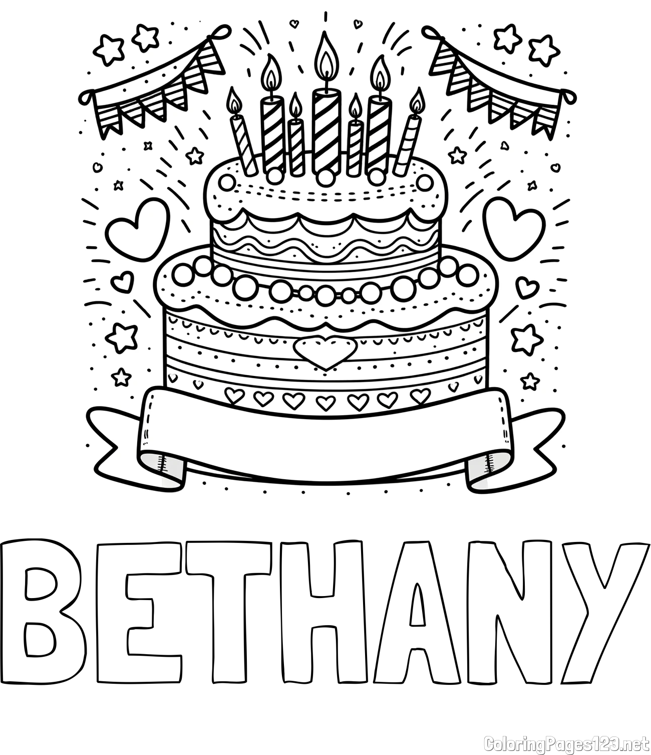 BETHANY Coloring Page and Cute Birthday Cake Coloring Page