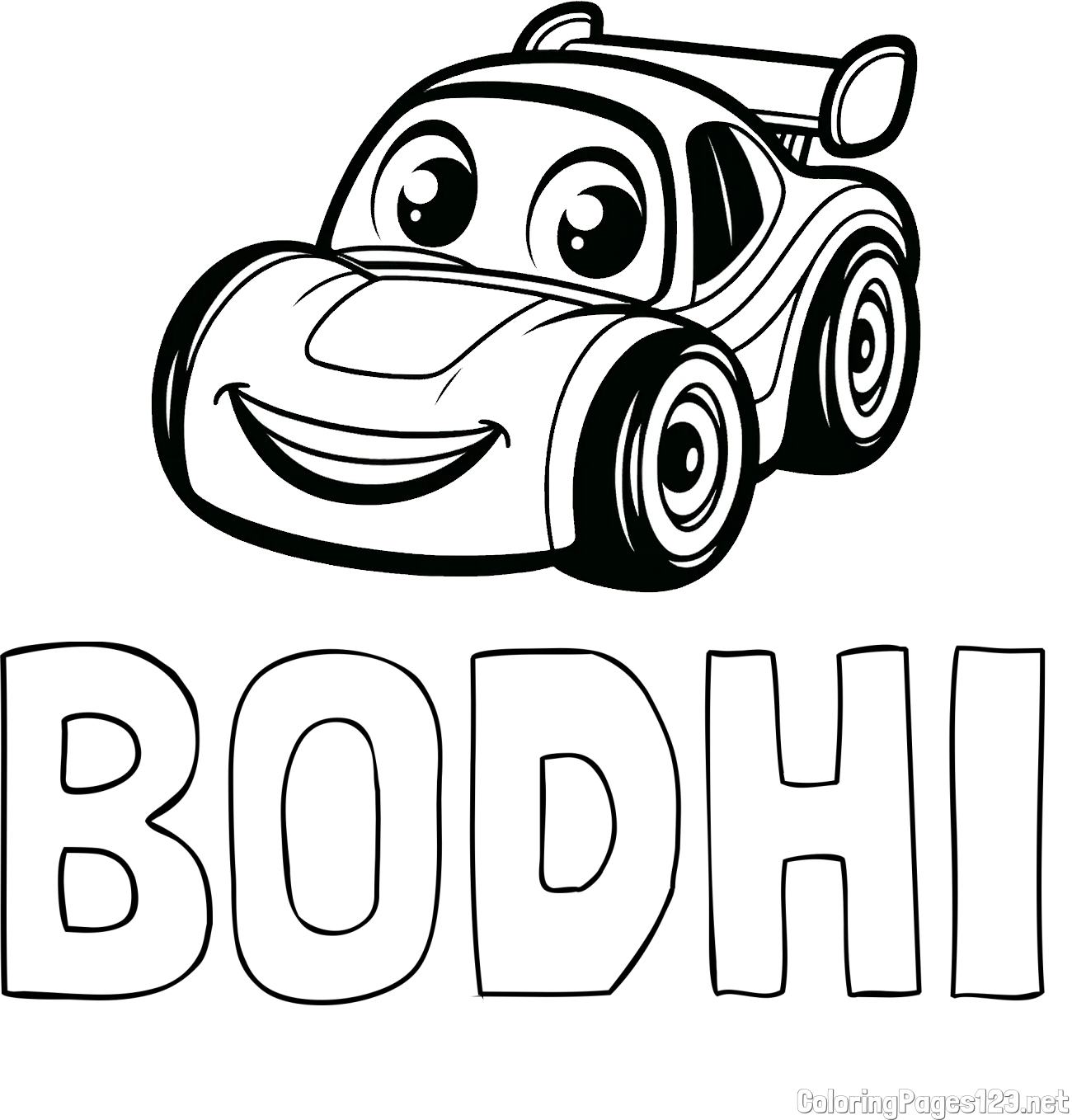BODHI Coloring Page and Children's Printable Coloring Page of a Racing Car