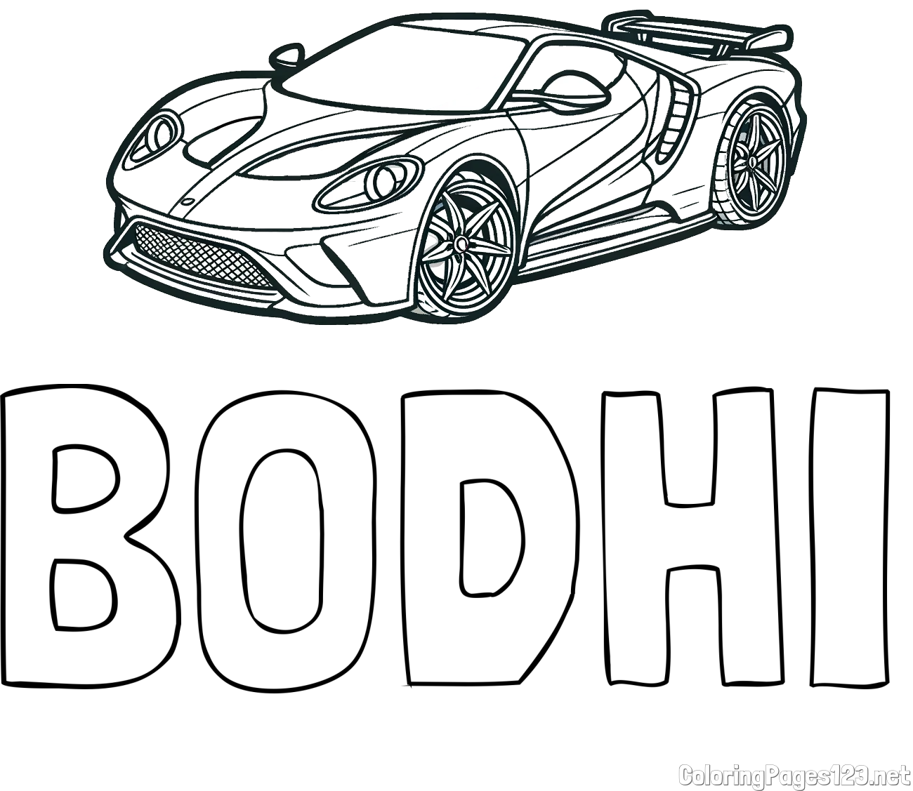 BODHI Coloring Page and Coloring Page of a Fast Sport's Car