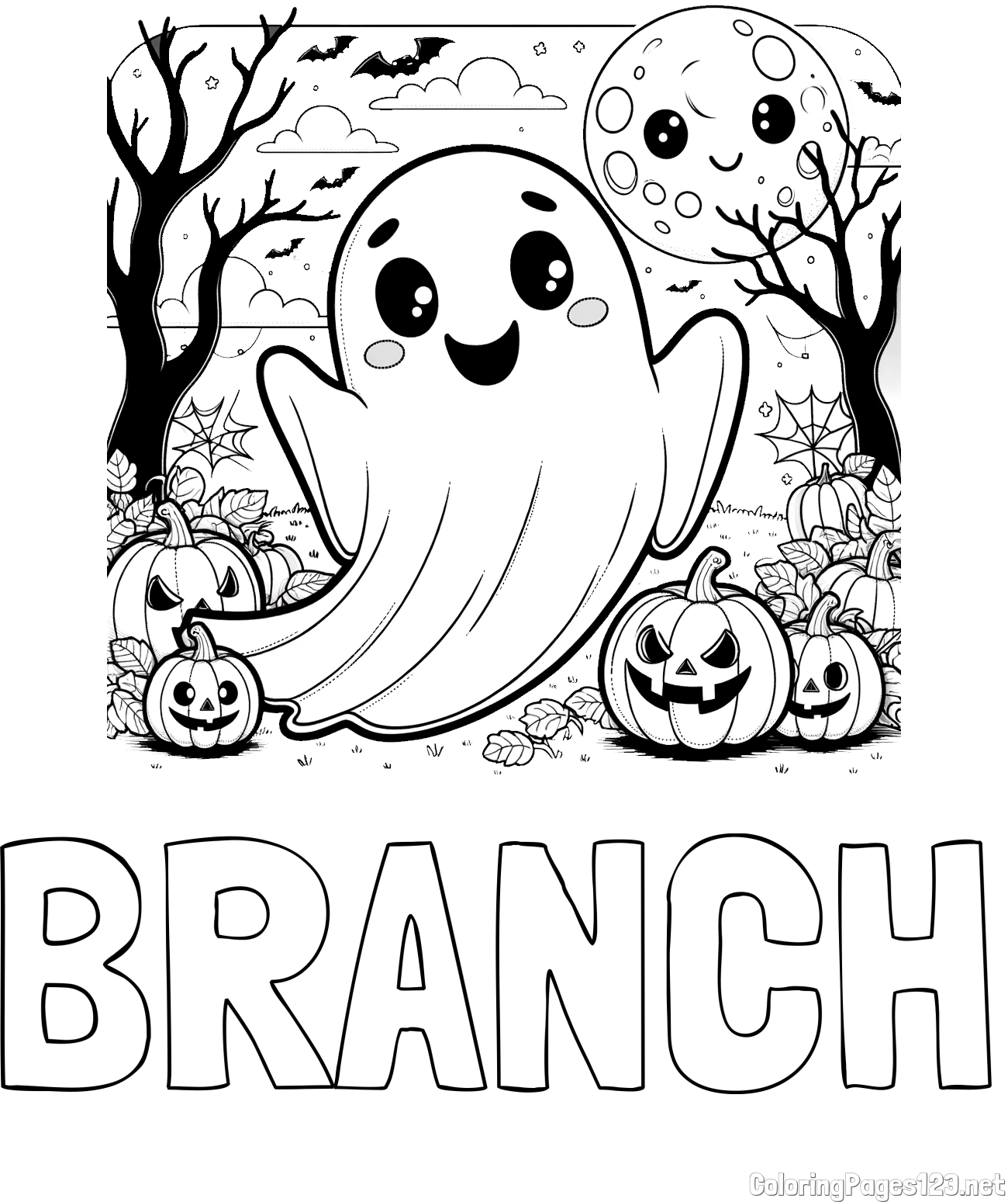 BRANCH Coloring Page and Halloween Coloring Page of a Ghost with Pumpkins