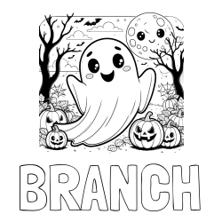 Online Created Coloring Page - BRANCH Coloring Page and Halloween Coloring Page of a Ghost with Pumpkins