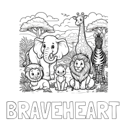 Online Created Coloring Page - BRAVEHEART Coloring Page and Beautiful Animal Coloring Page - Lion Family, Elephant, Giraffe, and Zebra