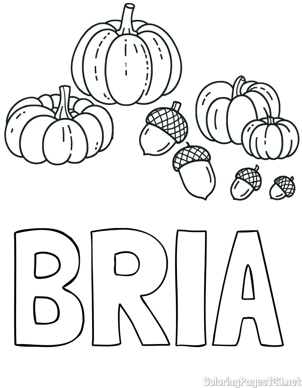 BRIA Coloring Page and Autumn Harvest Coloring Page - Acorns and Pumpkins