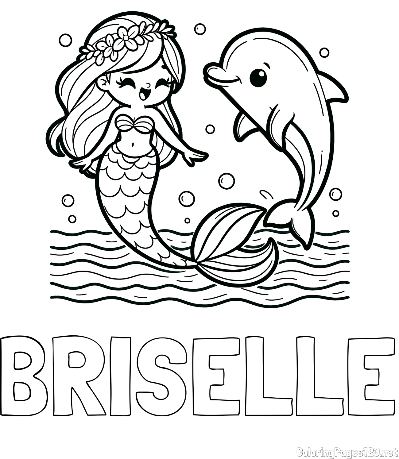 BRISELLE Coloring Page alongside Coloring Page of a Cute Mermaid Dancing with a Dolphin