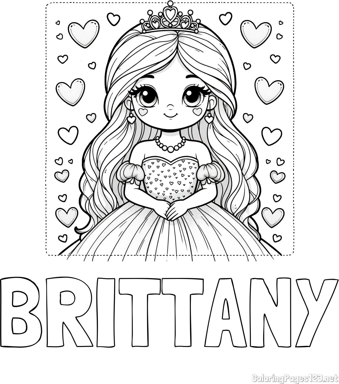 BRITTANY Coloring Page and Coloring Page of a Princess Surrounded by Hearts